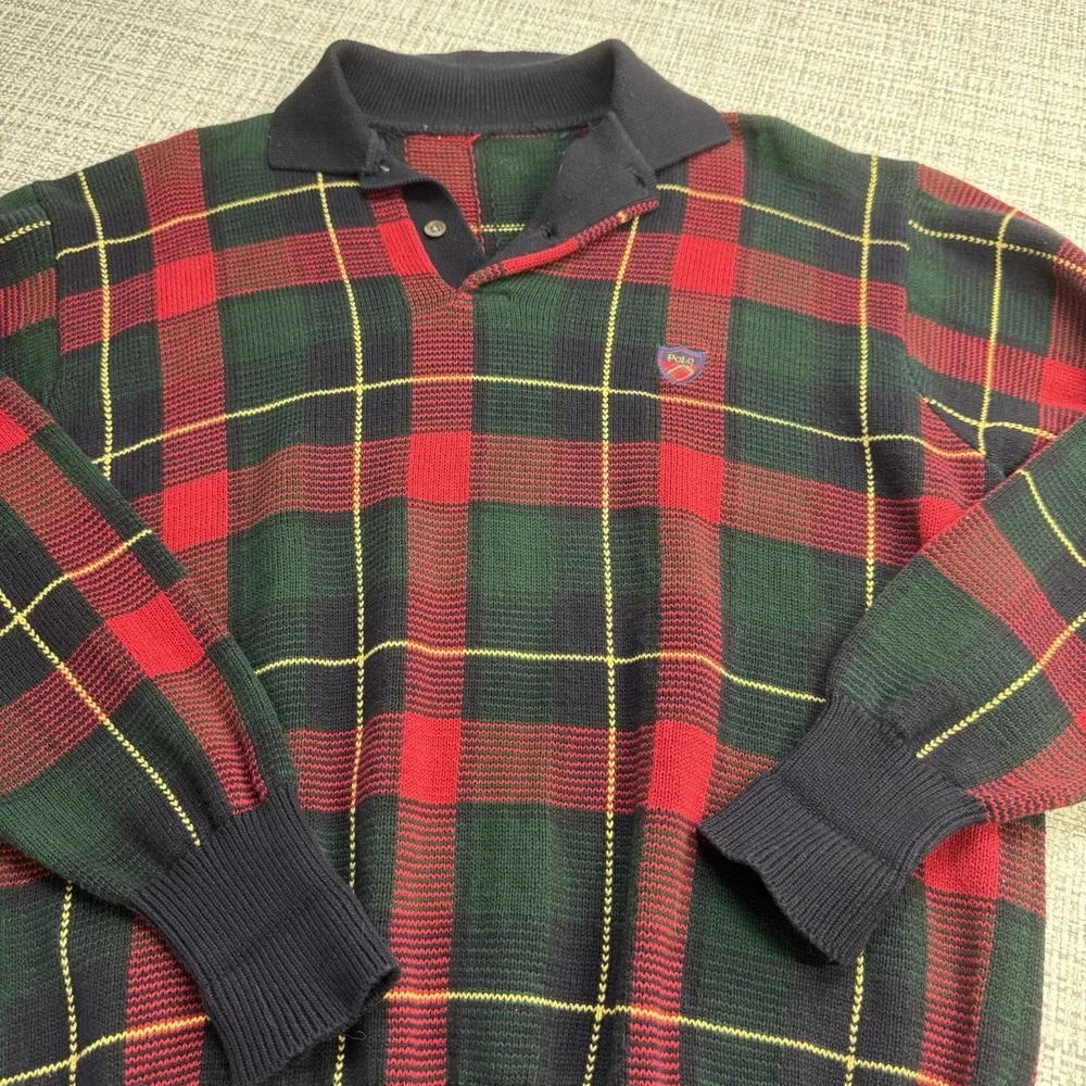 Vintage POLO RALPH LAUREN Scottish Red Tartan Plaid Heritage'Sweater Shield Logo
